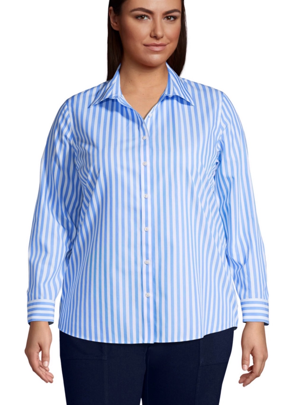 Lands' End No Iron Light Blue And White Striped Button-Down Shirt Size 20w Guc